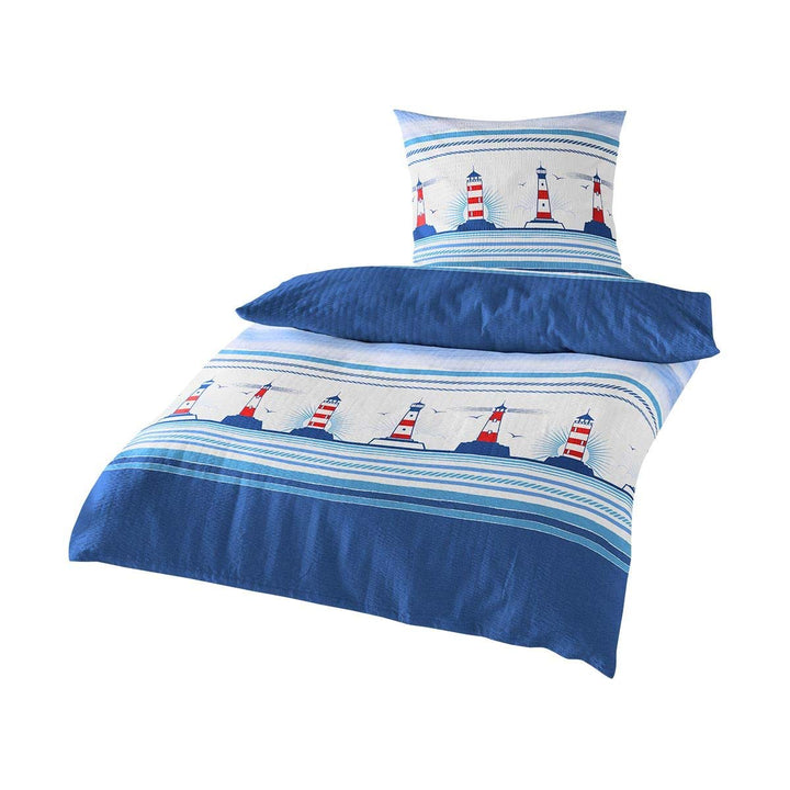 Traumschlaf Seersucker Bettwäsche Bügelfrei Set maritim sommerlich frisch im Leuchtturm Design mit R