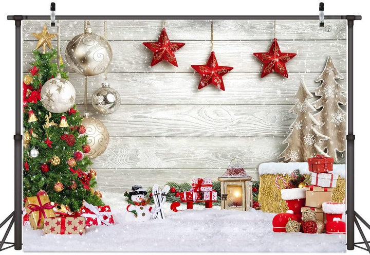 AIIKES 8x6FT Weihnachtshintergrund Weihnachtsbaum Geschenk Hintergrund Weiss Holzbrett Schneeflocke
