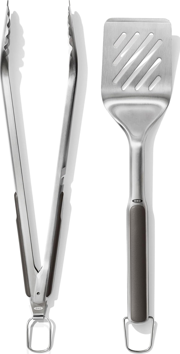 OXO Good Grips Set aus Wender und Zange zum Grillen – spülmaschinenfestes Grillzangen-Set mit Fleisc