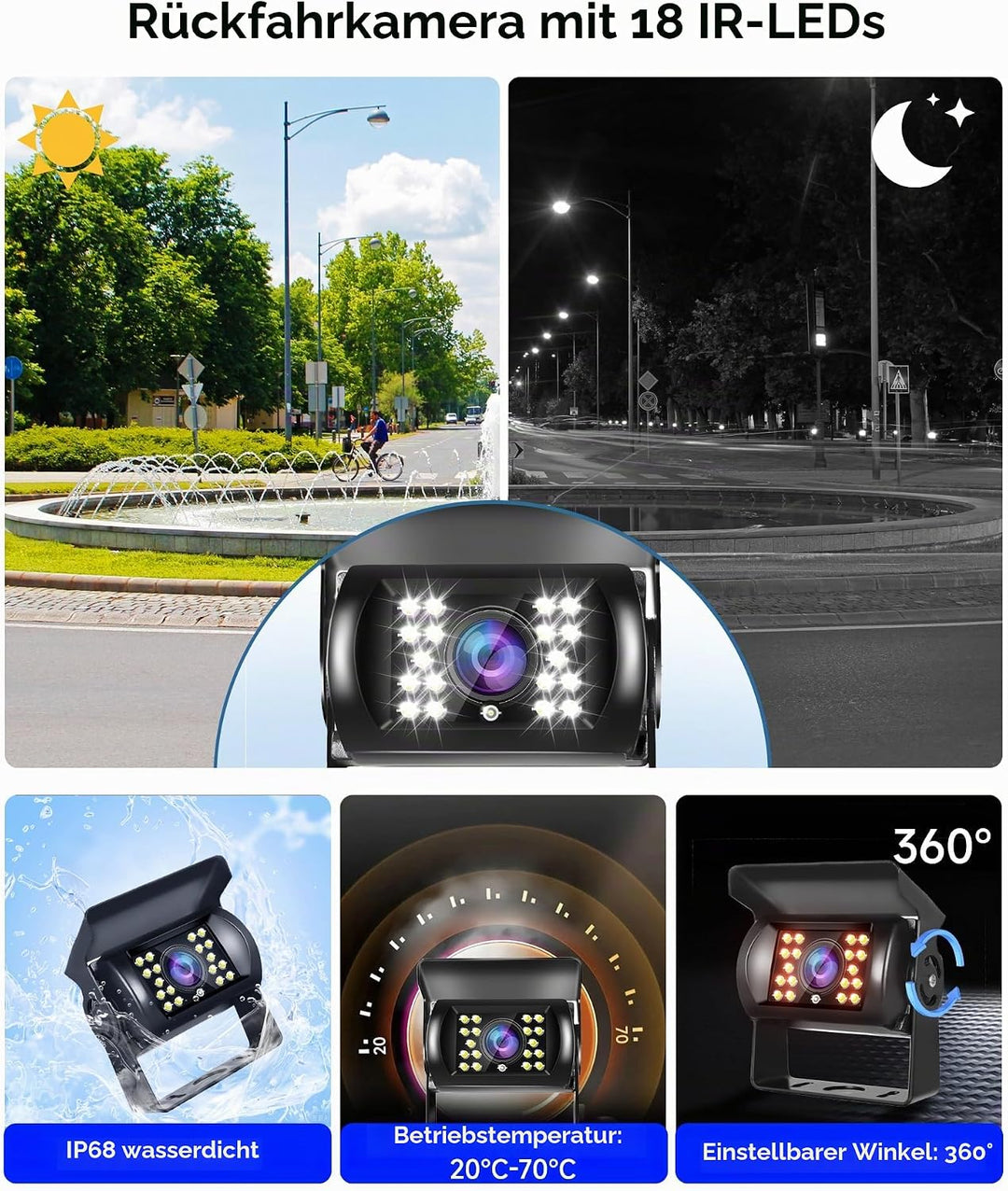 Podofo Rückfahrkamera Set Kabel 10M mit 7 Zoll TFT LCD Monitor Kit Einparkhilfe Wasserdicht IP69 Rüc