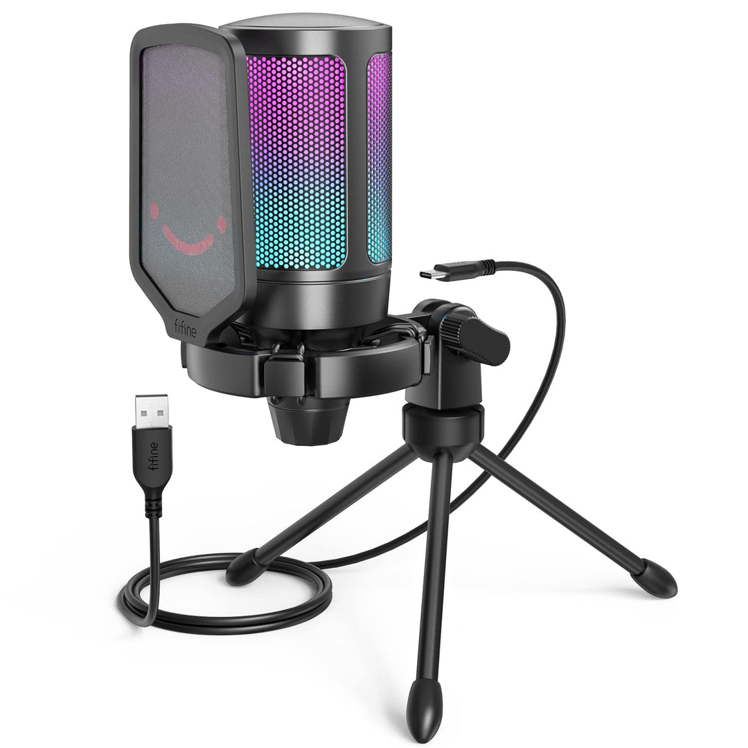 FIFINE USB Gaming Mikrofon, RGB Kondensator Mikrofone PC PS4 PS5, USB C Microphone mit Stummschaltta