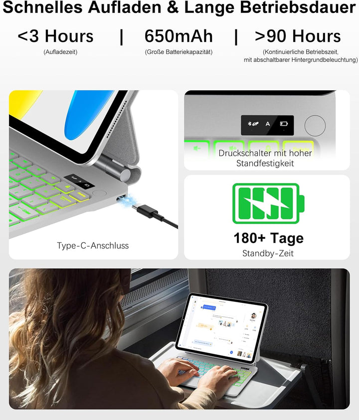 JADEMALL Magic Keyboard für iPad A16 11. Generation und iPad 10. Generation mit 7-Farben-Beleuchtung