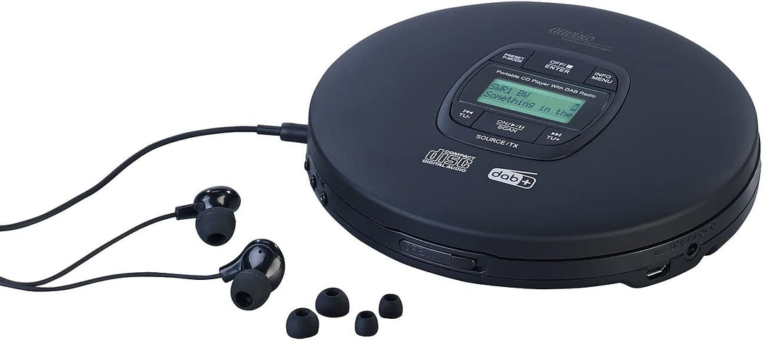auvisio CD Spieler: Tragbarer CD-Player, DAB+ Radio, Bluetooth, Akku, Ohrhörer, Anti-Shock (CD Playe