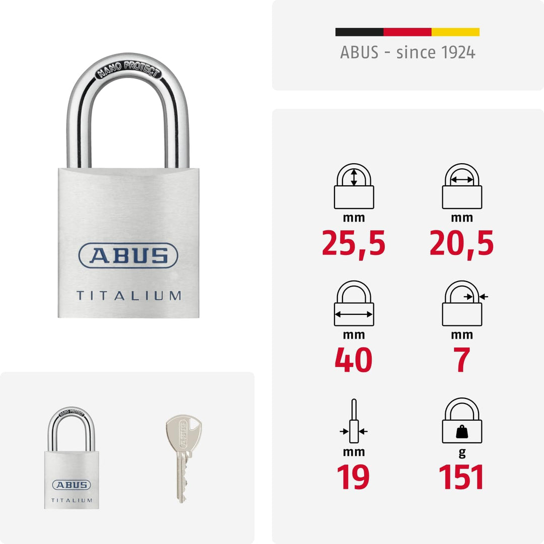 ABUS Titalium Vorhängeschloss 80TI/40 gl.-8011 - gleichschliessend - Kellerschloss mit leichtem, mas