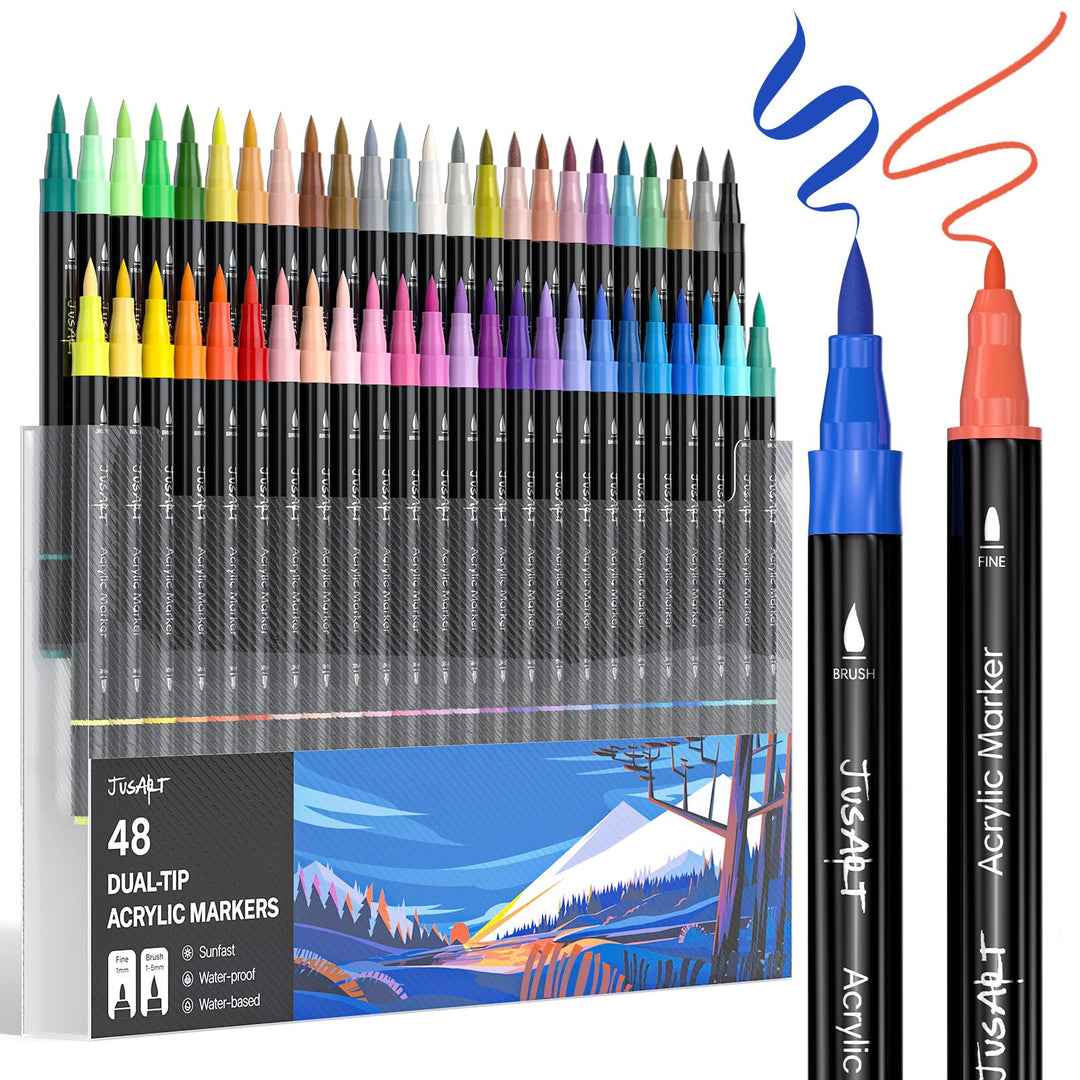 JusArt 48 Acrylstifte mit Doppelspitze, Pinsel und feine Spitze, Acrylic Marker Wasserfest, Premium-