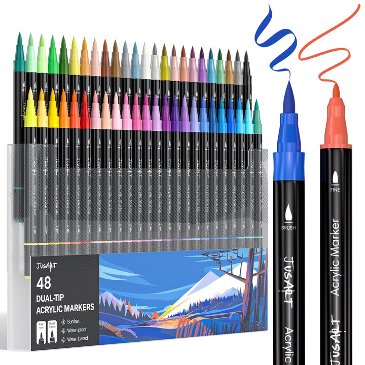 JusArt 48 Acrylstifte mit Doppelspitze, Pinsel und feine Spitze, Acrylic Marker Wasserfest, Premium-