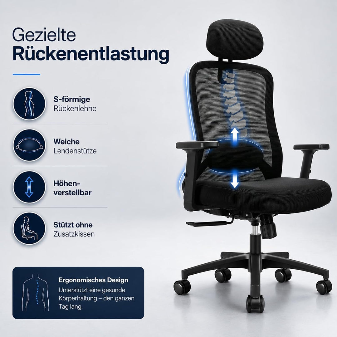 Bürostuhl, Ergonomischer Bürostuhl mit Verstellbarer 4D Lendenwirbelstütze, Schreibtischstuhl mit Ko