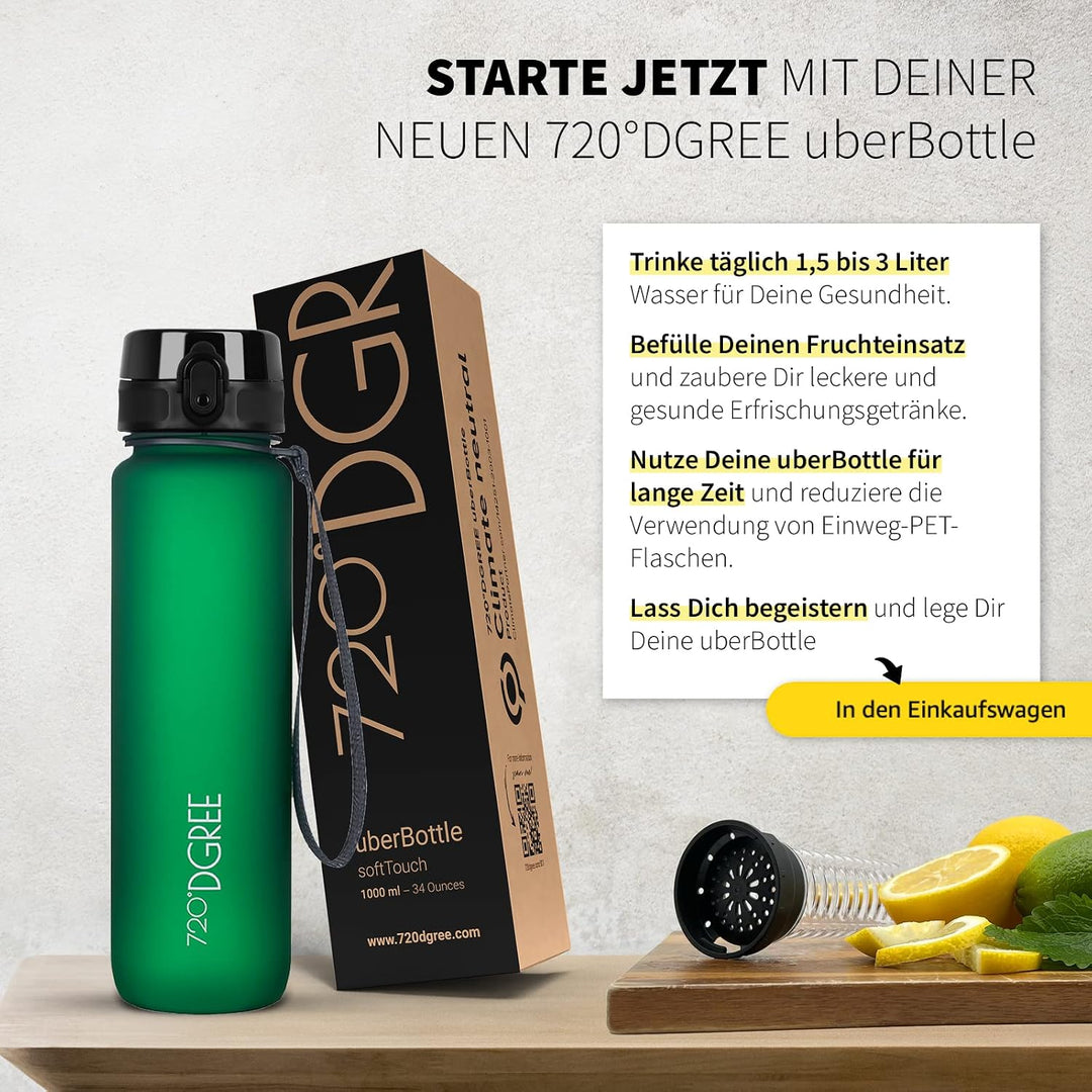 720°DGREE Trinkflasche “uberBottle“ 350ml, 500ml, 650ml, 1l, 1,5 Liter softTouch +Früchtebehälter -