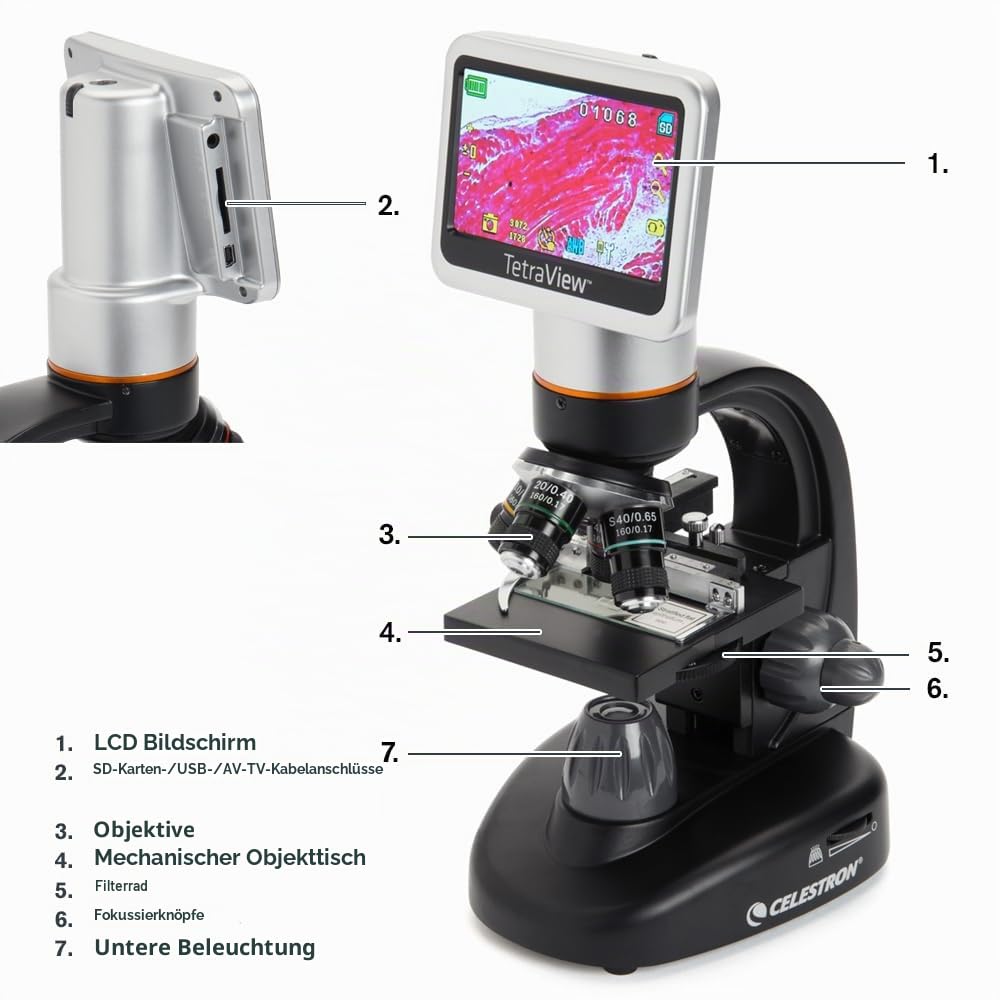 Celestron 44347 TetraView LCD Digitales Touchscreen-Mikroskop, 40- bis 400-fache Vergrösserung, Schw