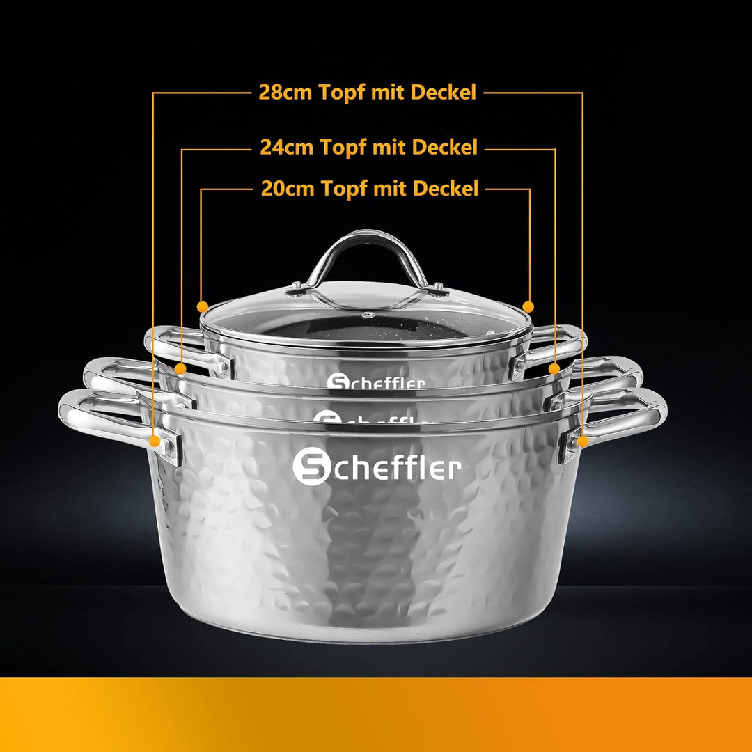 Topfset,Scheffler Topfset Induktion 15-teilig, Induktions Töpfe Set，Töpfe mit Glasdeckel, Kochtopf-S