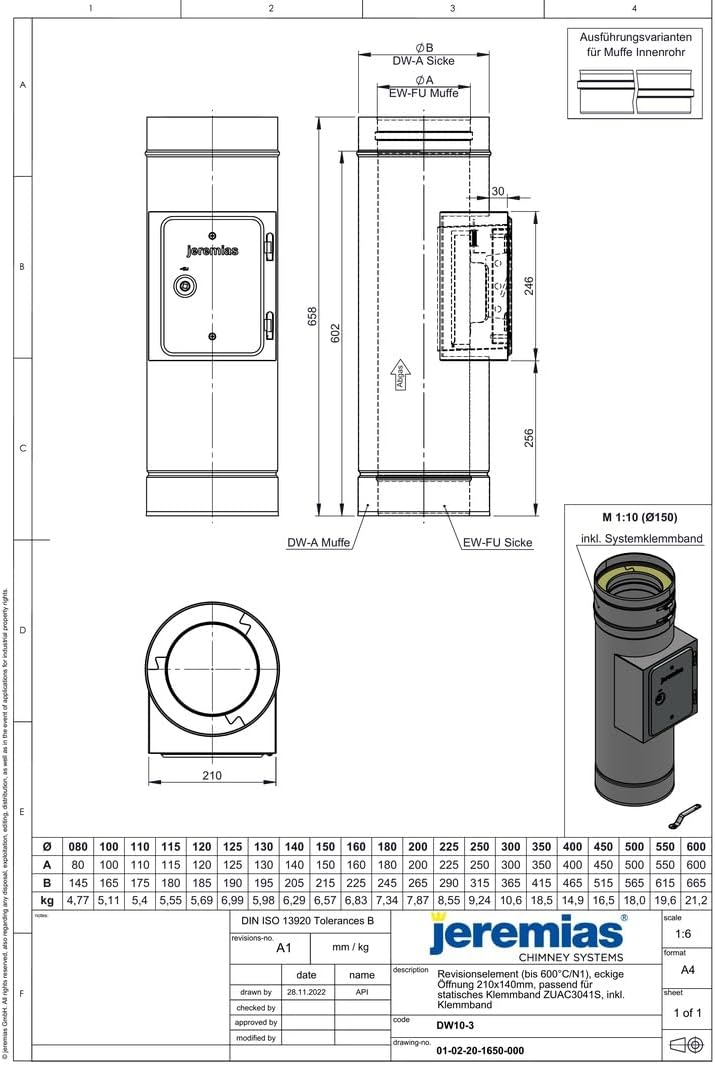 Jeremias DW-FU Revisionselement Ø 200mm Edelstahl Abgassystem bis 600°C N1 passend für DW08-3 sicher