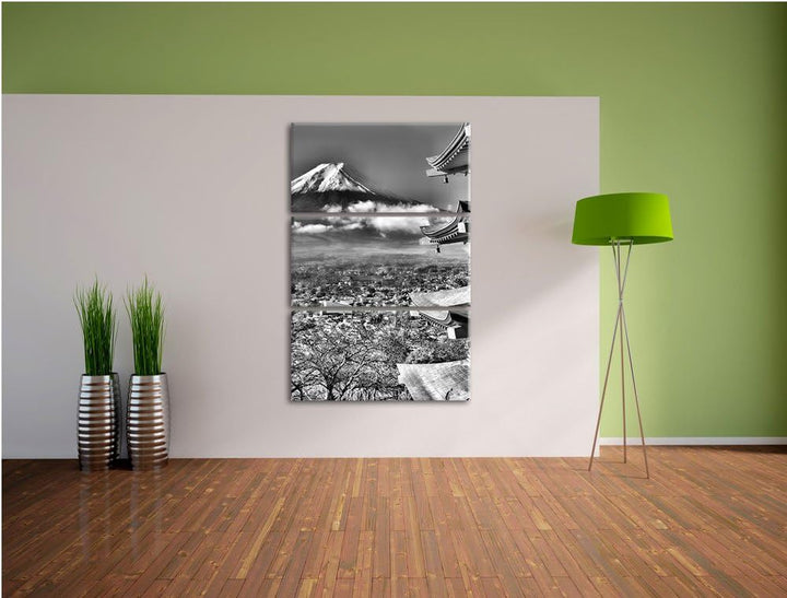 Pixxprint Tempel am Fudschijama Japan als Leinwandbild/Grösse: 3 Teilig (120x80) / Wandbild/Kunstdru