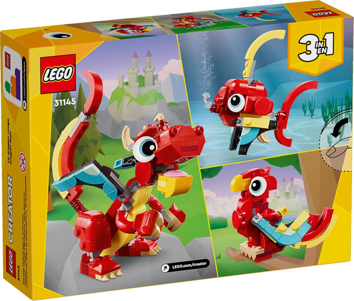 LEGO Creator 3 in 1 Roter Drache Spielzeug, Verwandelt sich vom Drachenspielzeug zum Fischspielzeug