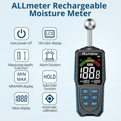 ALLmeter Wiederaufladbar Feuchtigkeitsmessgerät Feuchtigkeitsmesser 5-40 mm Analysetiefe mit Stoffbe