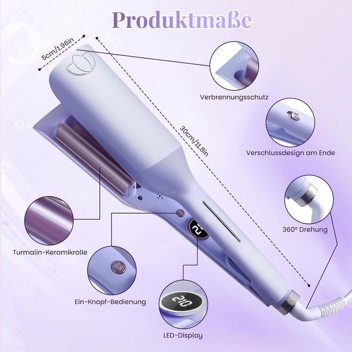 32mm Welleneisen Lockenstab für Haare,Lockenstab Grosse Locken mit 9 Temperaturen LED-Anzeige,Beach