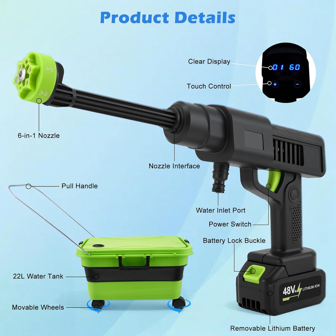 Akku Hochdruckreiniger,Mobiler Hochdruckreiniger mit 4.0Ah Batterie, highsam Pressure Washer 10-Gang