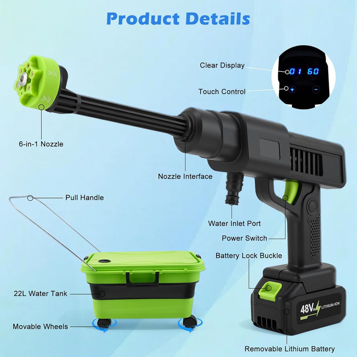 Akku Hochdruckreiniger,Mobiler Hochdruckreiniger mit 4.0Ah Batterie, highsam Pressure Washer 10-Gang