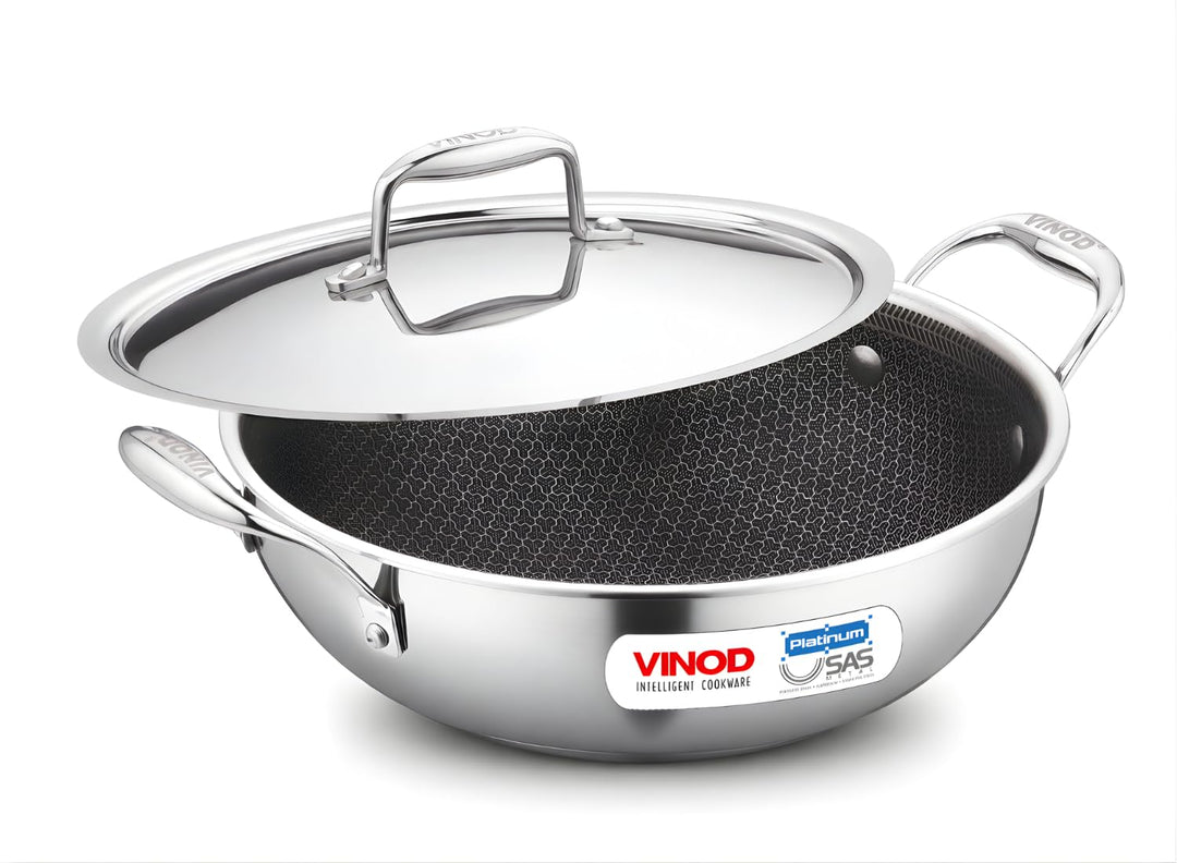 Vinod SAS Pro Platinum Triply Stainless Steel Kadai - 22 cm, 1,8 L | HexaShield Design Stick-resista