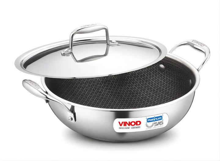 Vinod SAS Pro Platinum Triply Stainless Steel Kadai - 22 cm, 1,8 L | HexaShield Design Stick-resista