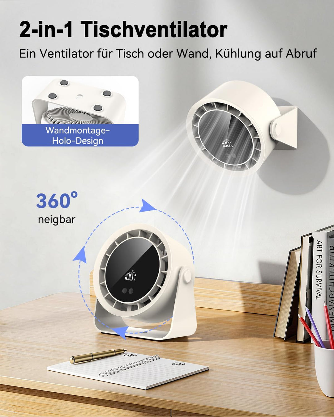 Timiyou Tischventilator Leise 28dB mit 4 Stufen & Turbo, Aufladbarer Akku, 360° Drehen & Kippen, Dig