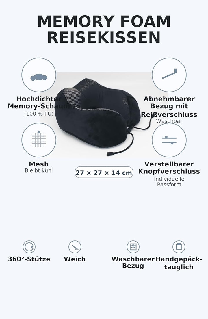 KAMACA Memory Foam Reisekissen Nackenhörnchen Therapeutic Support Verstellbarer Knopfverschluss ergo