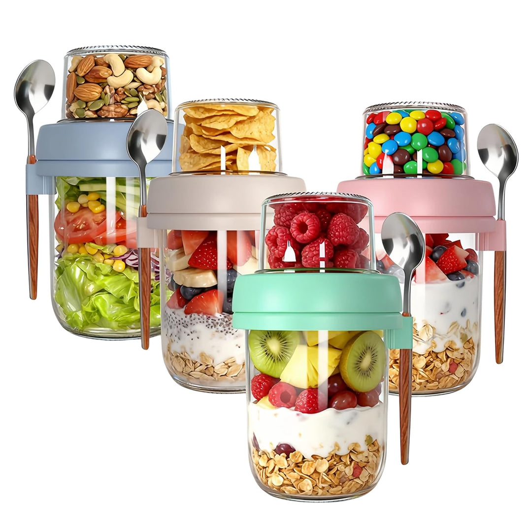 4er Müslibecher To Go, 480ml+120ml Overnight Oats Gläser, Joghurtbecher mit Doppelschicht-Design, Tr