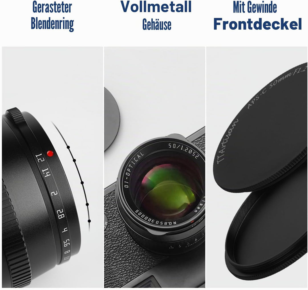 TT Artisan 50mm F1.2 APS-C Objektiv Anschluss MFT Mount Black Manueller Fokus optischer Aufbau 11 El