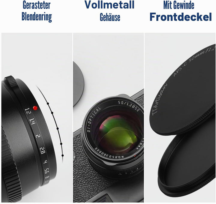 TT Artisan 50mm F1.2 APS-C Objektiv Anschluss MFT Mount Black Manueller Fokus optischer Aufbau 11 El