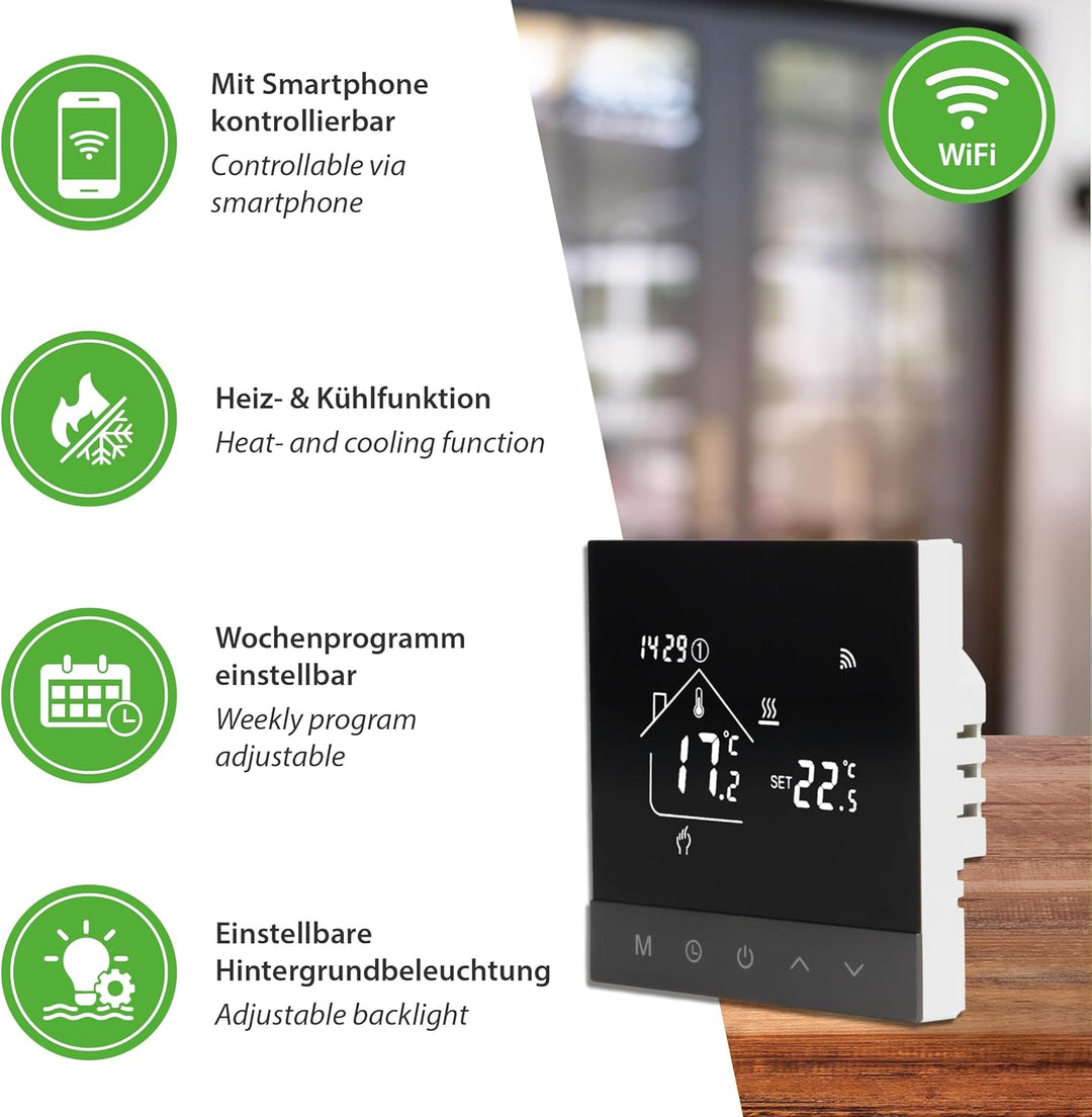 TH215 WiFi Thermostat Raumregler mit Tuya Smart App – für elektrische Fussbodenheizung, NC/NO Stella