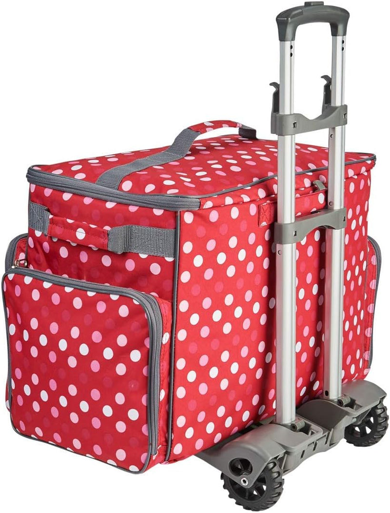Sewing Online Mittlerer gepolsterter Nähmaschinen-Trolley auf Rollen aus rotem Stoff mit Tupfen, 47