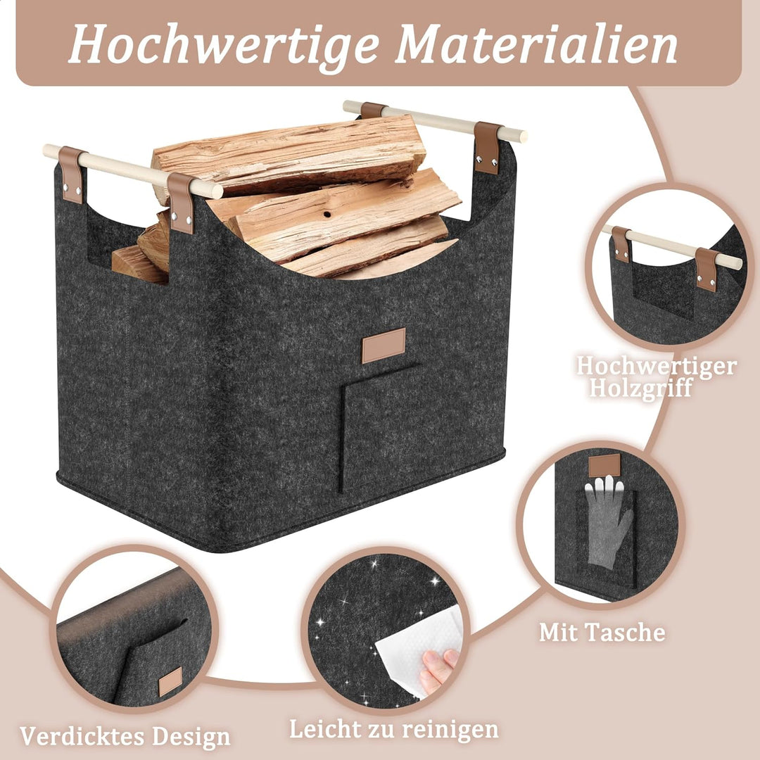 FIVMEN 2X Filztasche für Kaminholz Brennholz Faltbar mit Extra Dicker Filz und Verstärkter Holzgriff