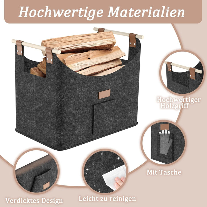 FIVMEN 2X Filztasche für Kaminholz Brennholz Faltbar mit Extra Dicker Filz und Verstärkter Holzgriff
