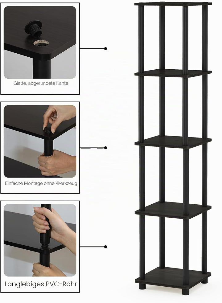 Furinno Viereckiges Regal mit 5 Ebenen, Mehrzweckregal, holz, Espresso/Schwarz, 29.46 x 29.46 x 146.