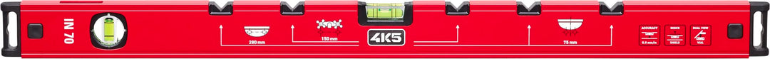 4K5 Tools Wasserwaage IN 70 (Länge 70 cm, bruchsichere Acryl-Blocklibellen, 5 Einkerbungen mit Insta