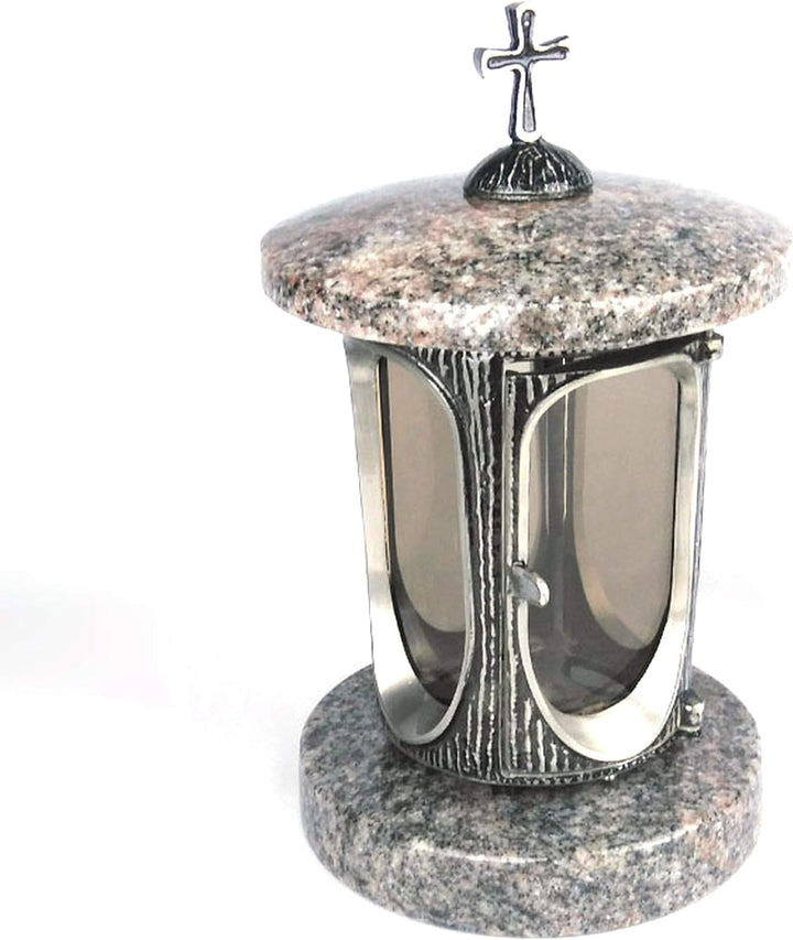 designgrab Alu Grablampe aus Aluminium in Antikoptik mit Kreuz und Grabvase und 2 Stück Sockel eckig