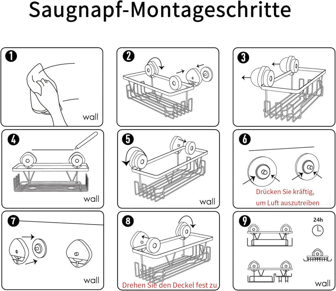 Kegii Duschablage Saugnapf - Duschregal Ohne Bohren Schwarz Duschkorb Saugnapf Edelstahl Bad Organiz