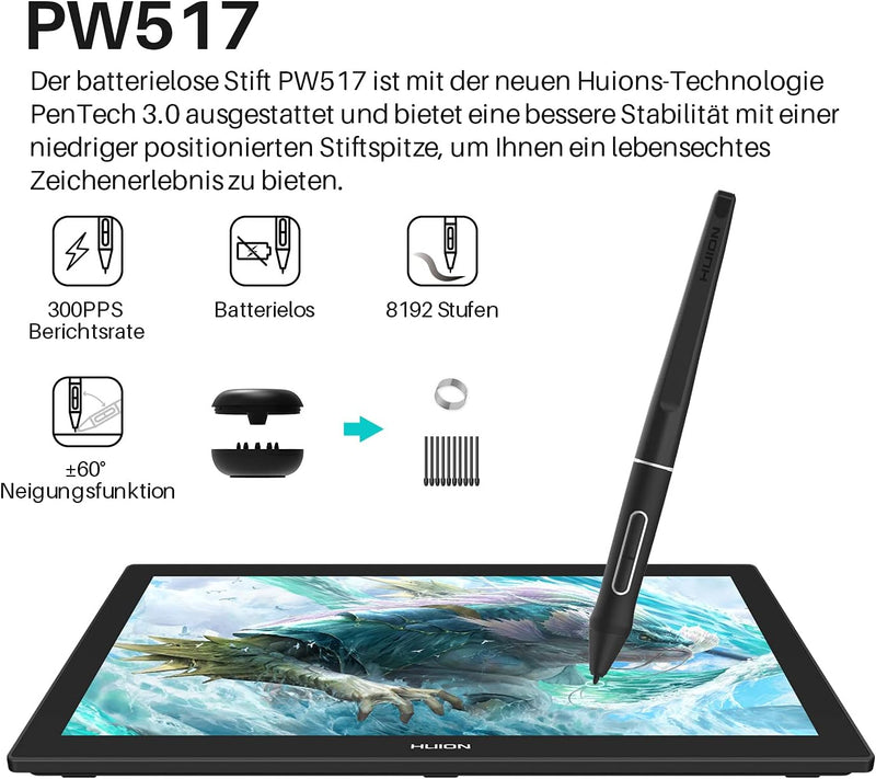 HUION Kamvas Pro 24 Grafiktablett mit Display, 4K UHD 23.8 Zoll Drawing Tablet Grafikmonitor mit 819