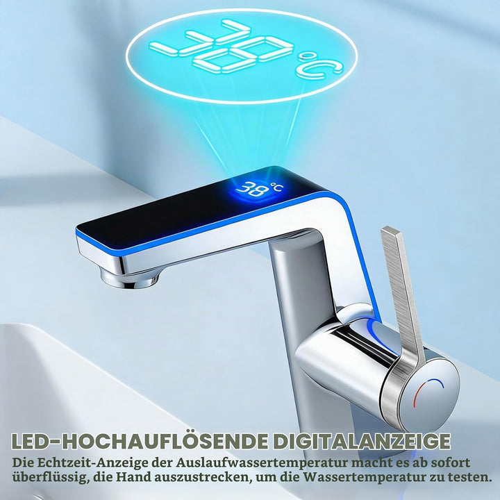 Wasserhahn Bad mit LED-Temperaturanzeige, Waschtischarmatur Badarmatur Einhebelmischer 2 Strahlarten