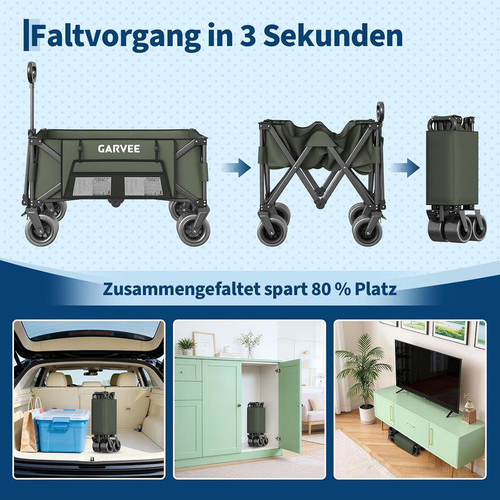 GarveeLife XXL Bollerwagen Faltbar, 200kg Belastbar &amp; 200L Volumen, Handwagen mit Bremsen &amp; 20cm Off