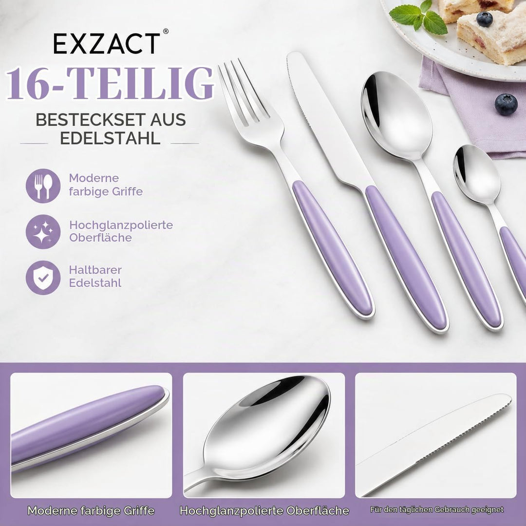Exzact Rostfrei Stahl Besteck Set EX07 Flieder X 16, Flieder X 16