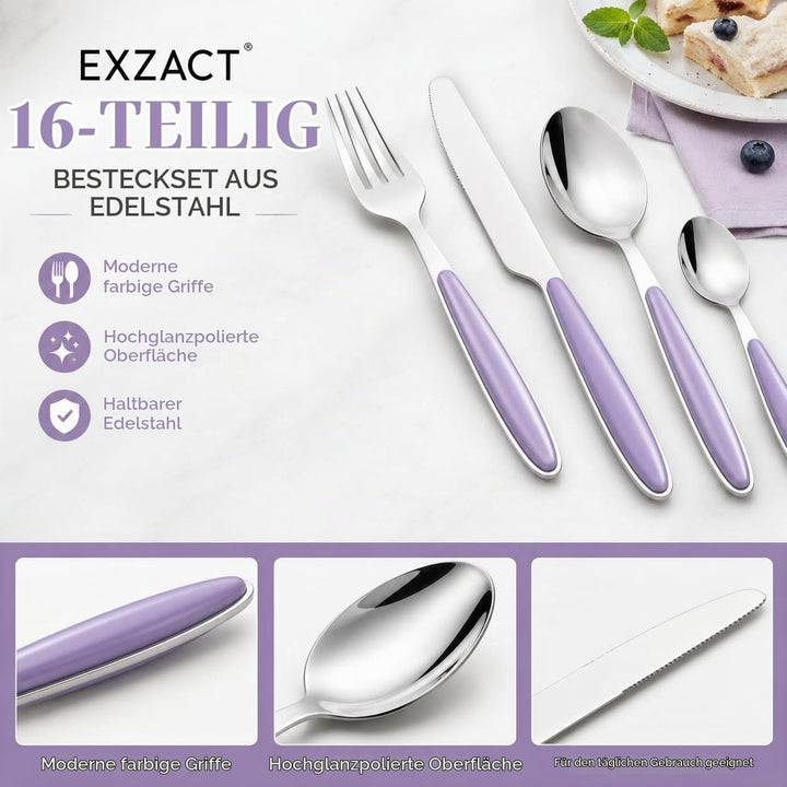 Exzact Rostfrei Stahl Besteck Set EX07 Flieder X 16, Flieder X 16