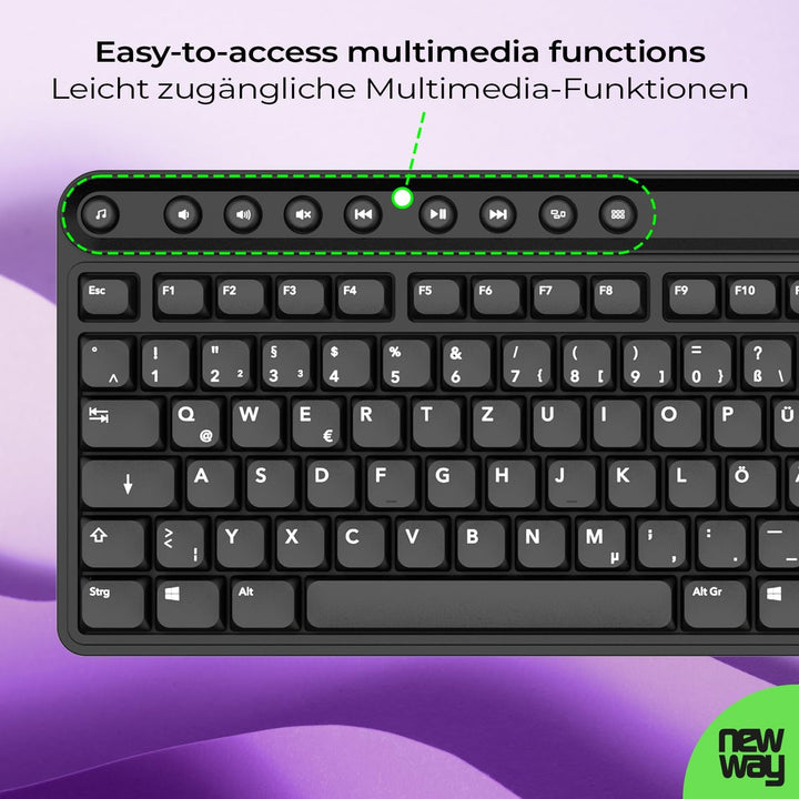 NEWWAY NKMP252 – Kabellose Tastatur Maus Set 2,4 GHz – QWERTZ Deutsch – Leise Tasten, 14 Multimedia-