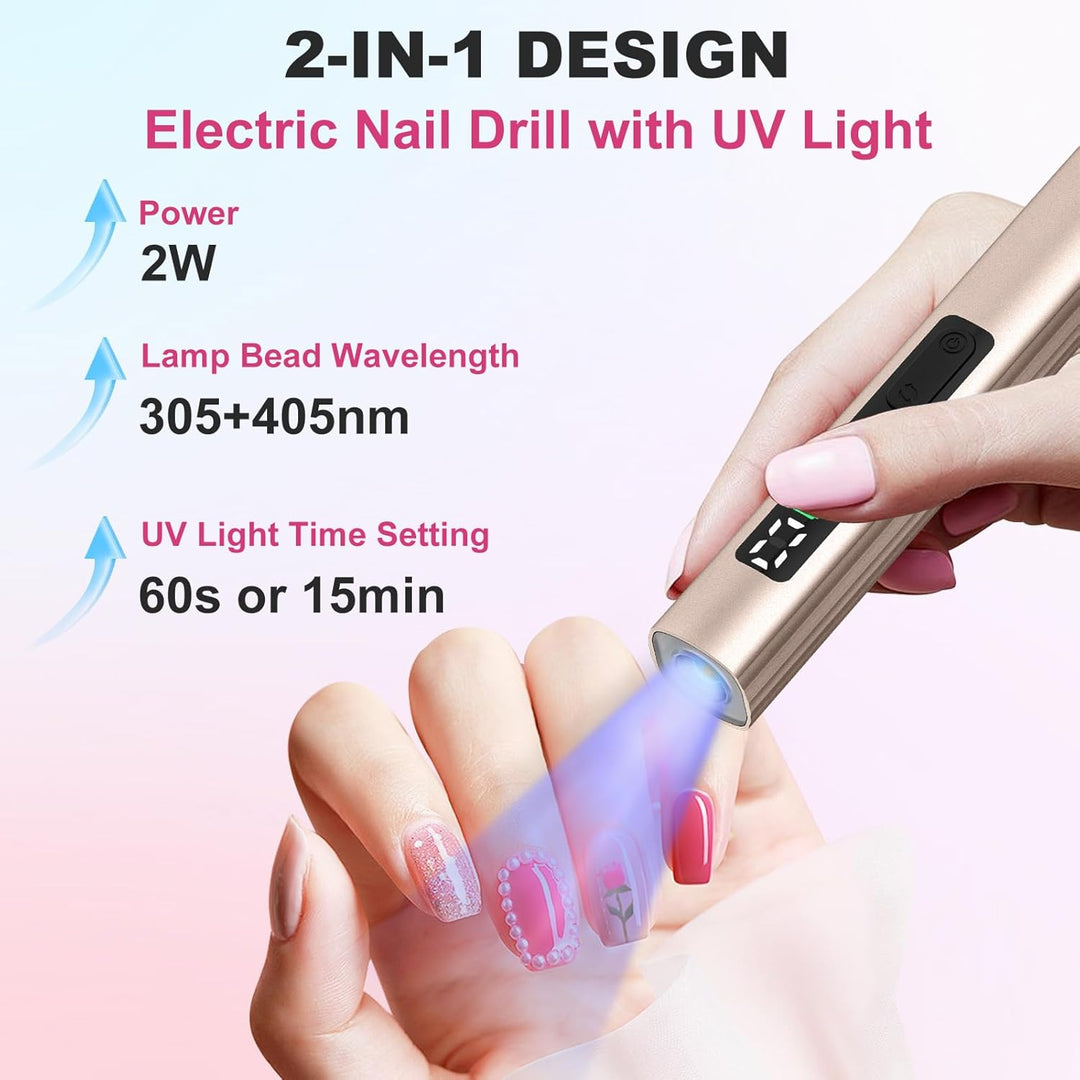 Elektrischer Nagelschleifer, kabellos, UV-Lampe, Set mit 7 Aufsätzen, 30.000 U/min, wiederaufladbare
