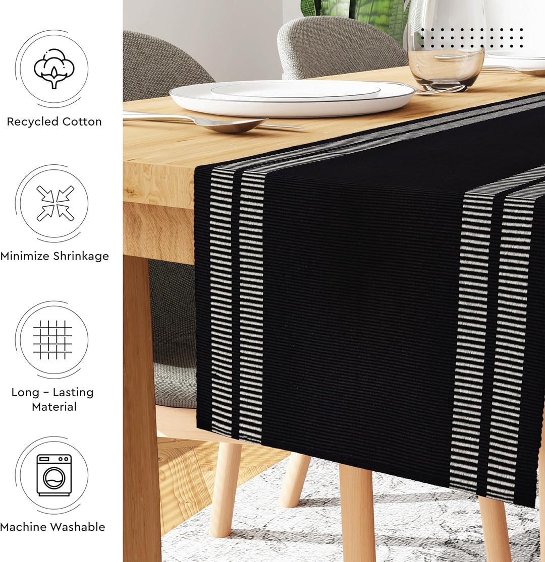 Encasa Homes Esszimmer-Set (4 Tischsets + 1 Tischläufer) | Ladder Black | Fein gerippte Baumwolle |