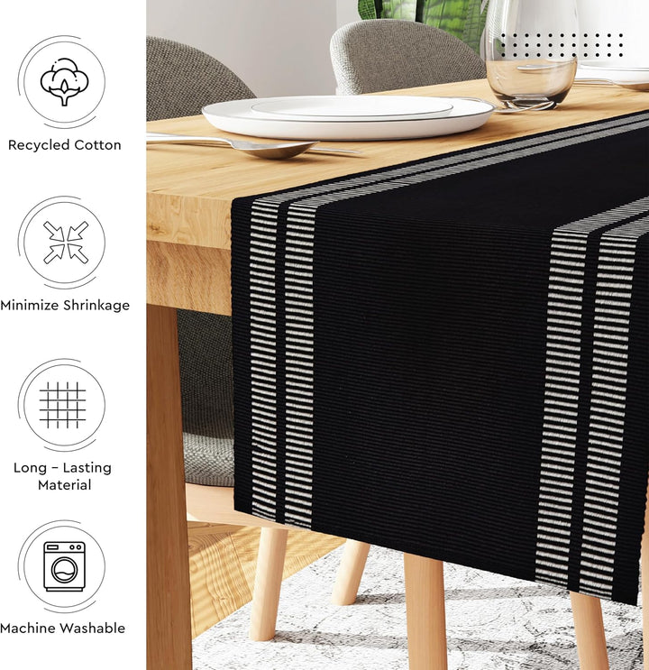 Encasa Homes Esszimmer-Set (4 Tischsets + 1 Tischläufer) | Ladder Black | Fein gerippte Baumwolle |