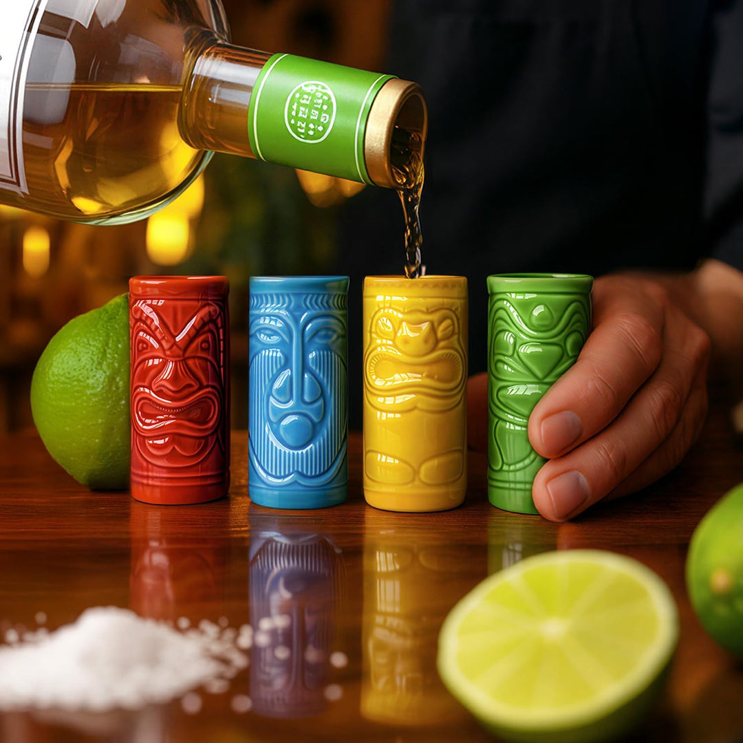 mikamax Tiki Schnapsgläser 4er Set 60 ml - Bunte Keramik mit Tiki Motiven - Spülmaschinenfest - Hawa