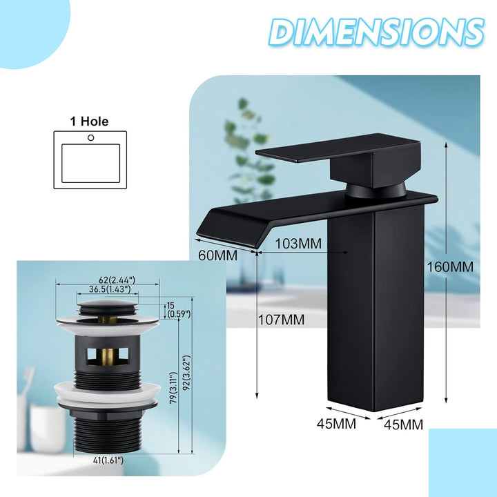 CREA Wasserhahn Bad Wasserfall, Waschtischarmatur mit Ablaufgarnitur, Mischbatterie Bad mit Wasserfa