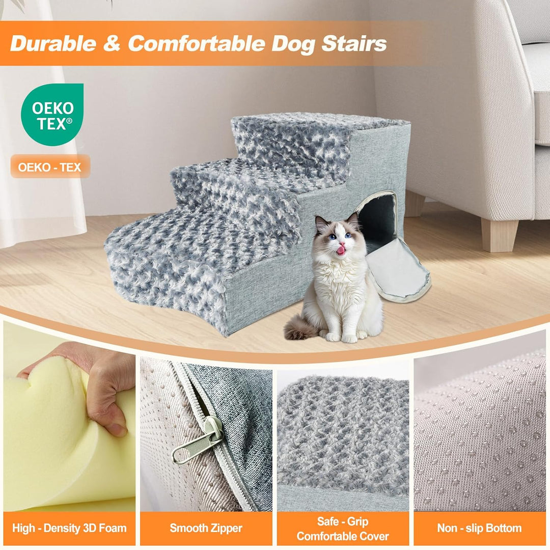 Hundetreppe 3-stufig mit Katzen-Schlafnische und Hunderampe. rutschfeste Treppe aus hochdichtem Scha