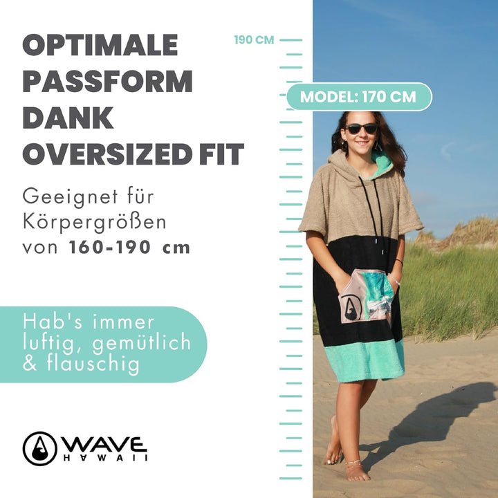 WAVE HAWAII Poncho Ericeira Surfponcho 95% Baumwolle Badeponcho für Körpergrössen von 160-190 cm Umk