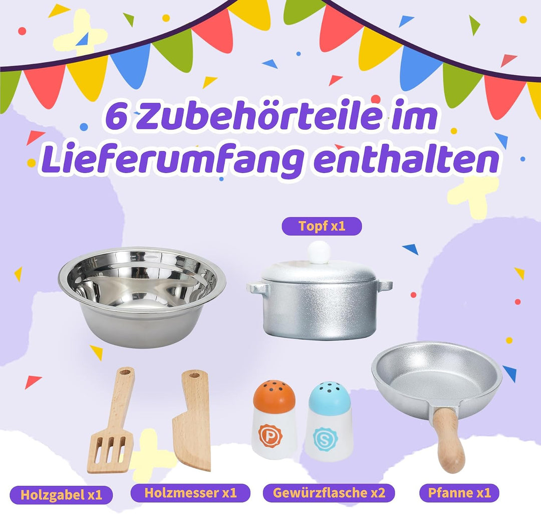 Kinderküche aus Holz mit Zubehör, Rollenspielküche für Kinder, Mini Küchenchef Spielset, Kinderküche